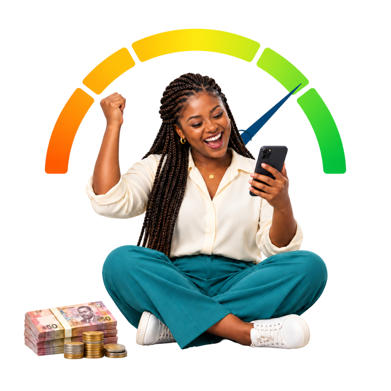 Customer celebrating with a rising credit score